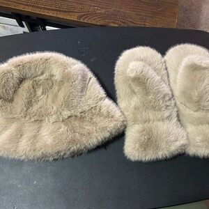 Faux Fur Hat and Mittens Set in Beige